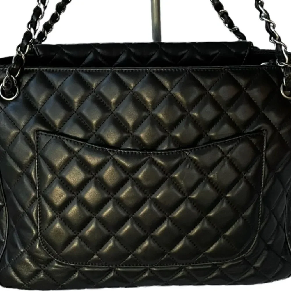 Chanel Lambskin Quilted Front Flap Tote Handbag Black